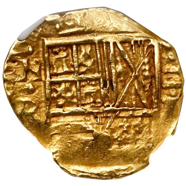 Bogota, Colombia, gold cob 2 escudos, Philip IV, assayer R below denomination II to right (1642-51),