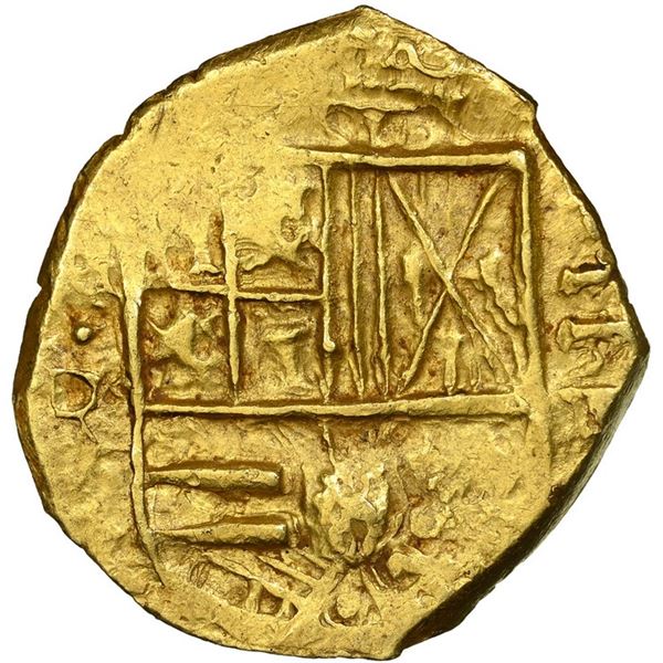 Bogota, Colombia, gold cob 2 escudos, Philip IV, assayer R below domination II to right, mintmark NR