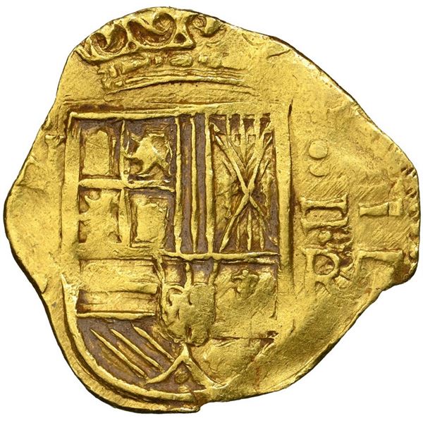 Bogota, Colombia, gold cob 2 escudos, Philip IV, assayer R below domination II to right, mintmark NR