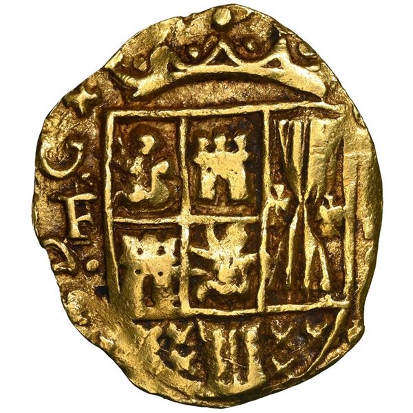 Bogota, Colombia, gold cob 2 escudos, Philip V, assayer not visible (S) to right, mintmark F to left