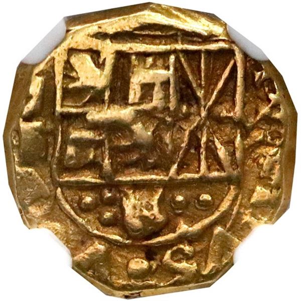 Bogota, Colombia, gold cob 1 escudo, Philip V, assayer M (horizontal) to right, mintmark F to left,