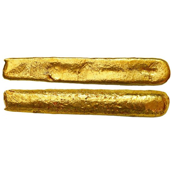 Gold "finger" bar from the Atocha, ingot #548, 455 grams, marked with three partial tax stamps