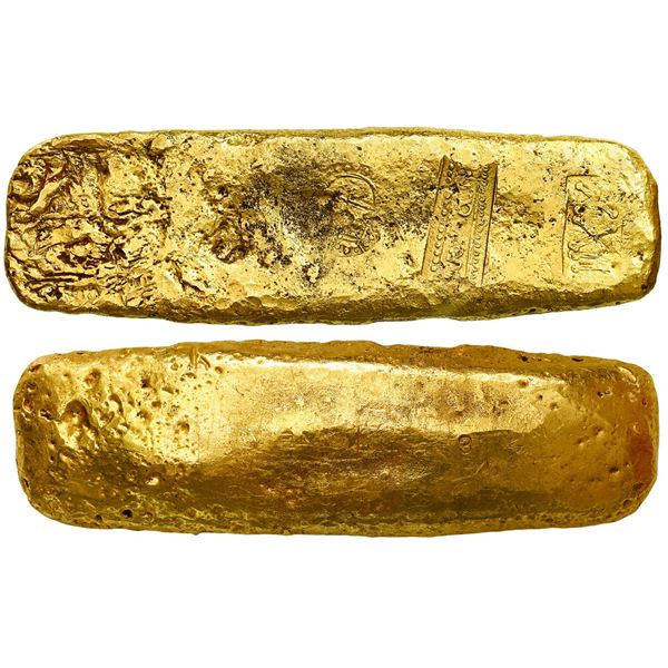 Gold bar ingot from the 1715 Fleet, 915 grams, marked with fineness XXII (22K), tax stamp