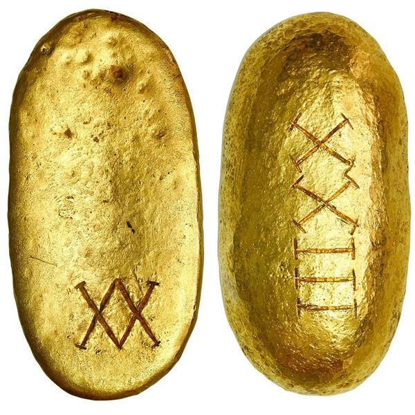 Gold oval ingot from the Luz, 645.26 grams, 0.819 fine gold (19.656K), marked with XX