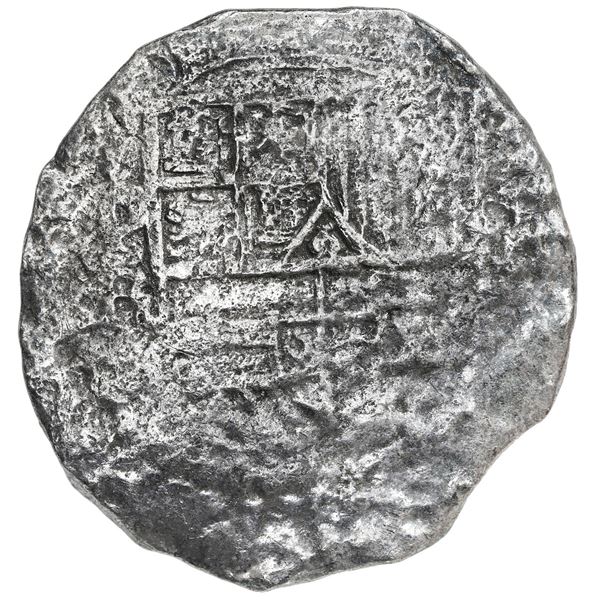 Potosi, Bolivia, cob 8 reales, Philip III, assayer R (curved leg), Grade 3.