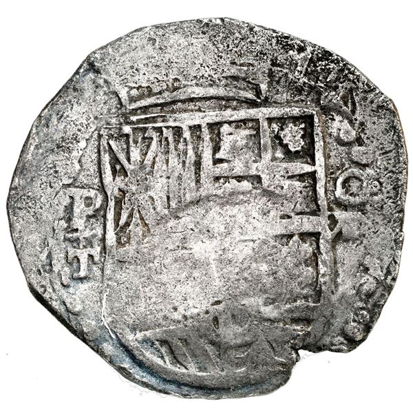 Potosi, Bolivia, cob 8 reales, Philip III, assayer T, upper half of shield transposed, Grade 2.