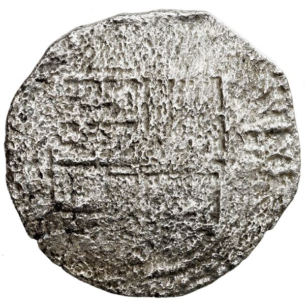 Potosi, Bolivia, cob 8 reales, Philip III, assayer not visible, quadrants of cross transposed, Grade