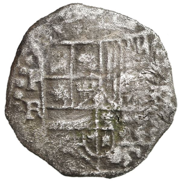 Potosi, Bolivia, cob 4 reales, Philip III, assayer RL (curved leg), Grade 2 (20 points), with hand-s