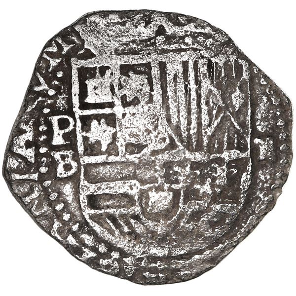 Potosi, Bolivia, cob 2 reales, Philip II, assayer B (5th period), Grade 1.