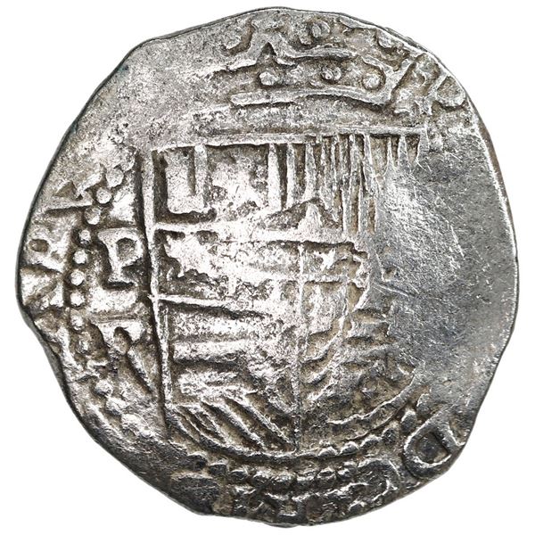 Potosi, Bolivia, cob 2 reales, Philip III, assayer R (straight leg), Grade 1.