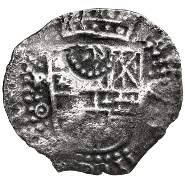 Potosi, Bolivia, cob 8 reales, 1649 O, with three countermarks (very rare): crown alone on shield, c