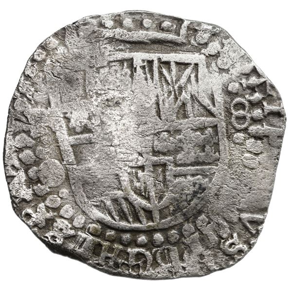 Potosi, Bolivia, cob 8 reales, 1649 O, rotated 4 in date, with crowned-L countermark on cross, ex-Ma