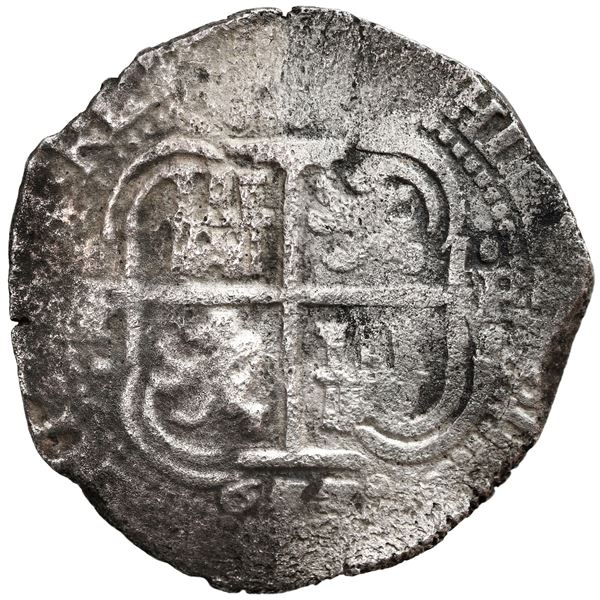 Potosi, Bolivia, cob 8 reales, 1653 E, dot-PH-dot at top, date in three digits below cross.