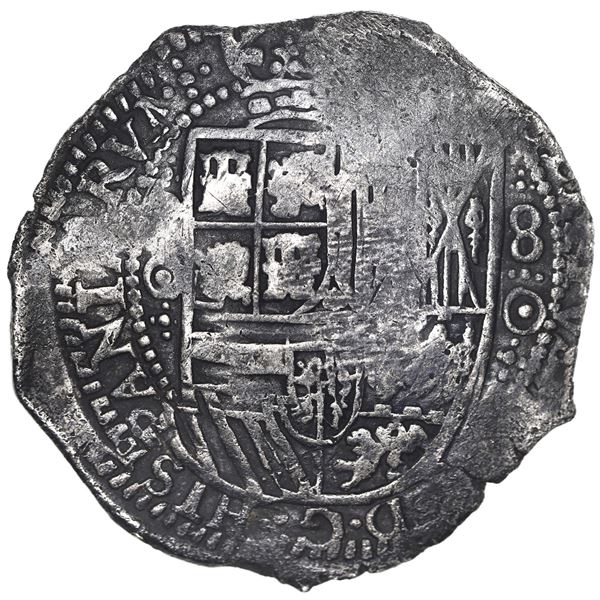 Potosi, Bolivia, cob 8 reales, 1650 O, with crowned-L countermark on cross.