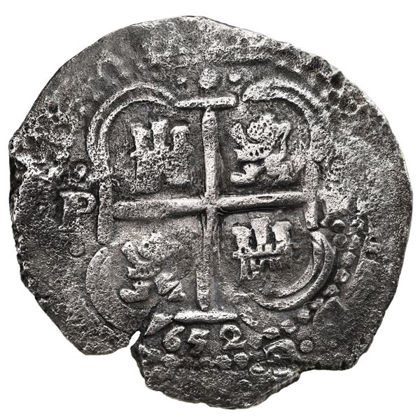 Potosi, Bolivia, cob 8 reales, 1652 E post-transitional (Transitional Type VIII/B), 1-PH-6 at top.