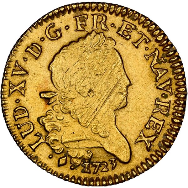 France (Bayonne mint), gold louis d'or mirliton, Louis XV, 1723-L, LL monogram with palm branches, r
