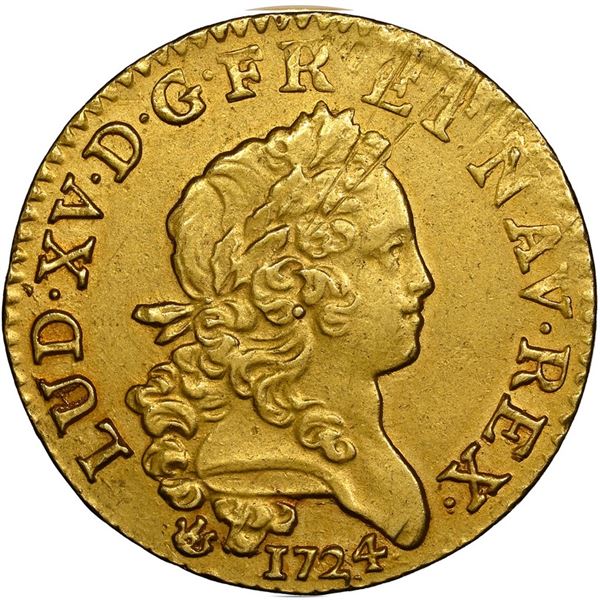 France (Lyon mint), gold louis d'or mirliton, Louis XV, 1724-D, LL monogram with palm branches, NGC