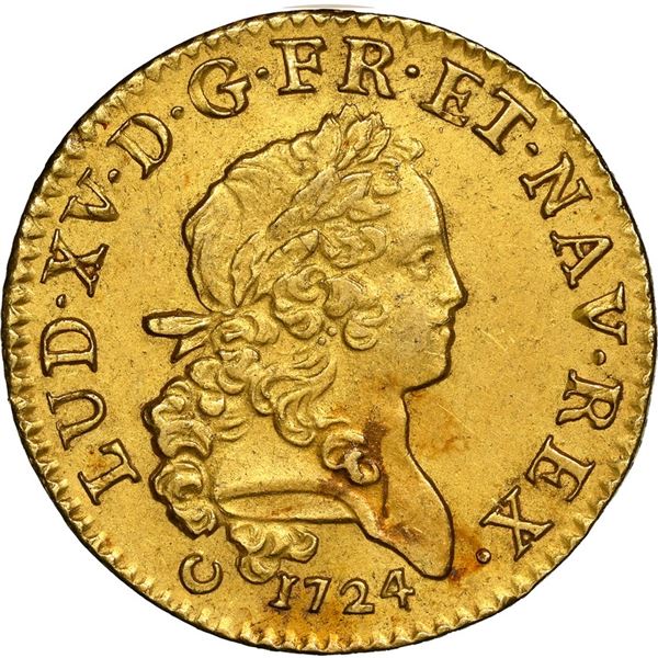 France (Tours mint), gold louis d'or mirliton, Louis XV, 1724-E, LL monogram with palm branches, NGC