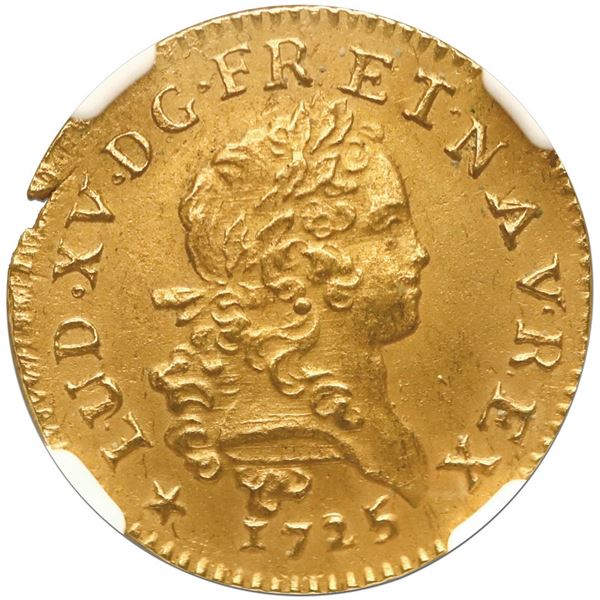 France (La Rochelle mint), gold louis d'or mirliton, Louis XV, 1725-H, large palms variety, NGC UNC