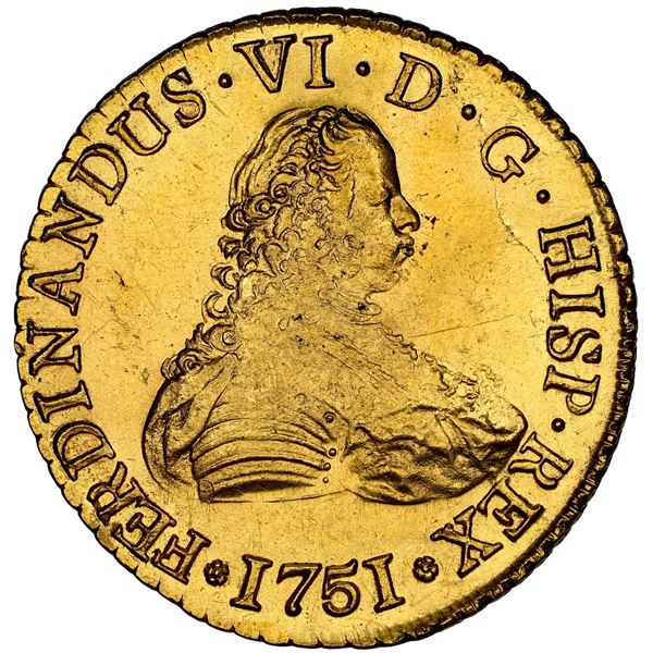 Santiago, Chile, gold bust 8 escudos, Ferdinand VI, 1751 J, NGC MS 62 / La Luz (Shipwreck Blue Label