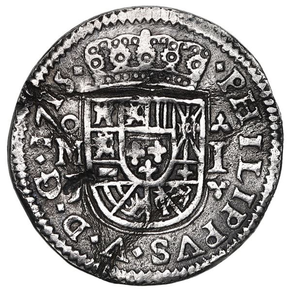 Mexico City, Mexico, cob 1 real Royal (galano), 1715 J, cross potent at top of reverse, very rare.