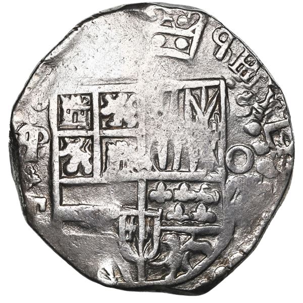Potosi, Bolivia, cob 8 reales, Philip III, assayer T, mintmark as retrograde P ("q") over normal P,