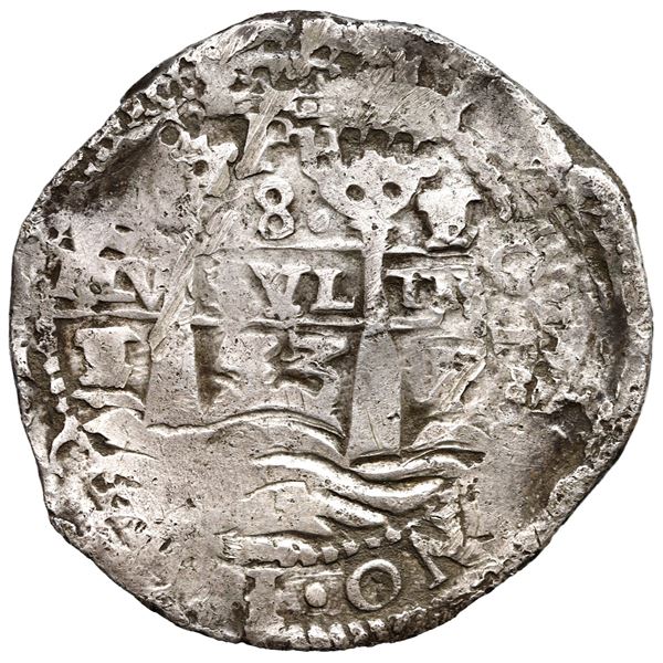 Potosi, Bolivia, cob 8 reales, 1653 E, PH at top (no dots), date in three digits below cross.