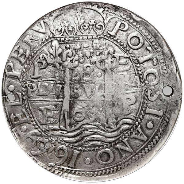 Potosi, Bolivia, cob 8 reales Royal (galano), 1669/8 E, NGC VF details / holed.