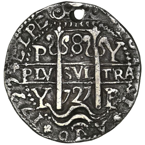 Potosi, Bolivia, cob 8 reales Royal (galano), Louis I, 1727 Y, very rare, NGC AU details / holed.