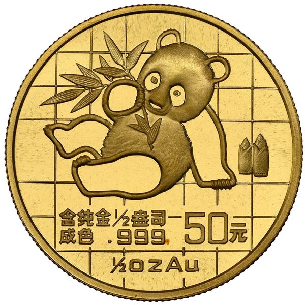 China (People's Republic), gold 50 yuan (1/2 oz) Panda, 1989, small date (Shenyang mint), NGC MS 69.