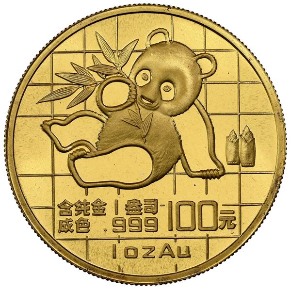 China (People's Republic), gold 100 yuan (1 oz) Panda, 1989, small date (Shenyang mint), NGC MS 69.