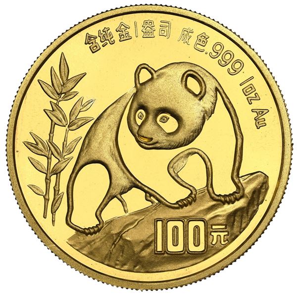 China (People's Republic), gold 100 yuan (1 oz) Panda, 1990, small date (Shenyang mint), NGC MS 68.