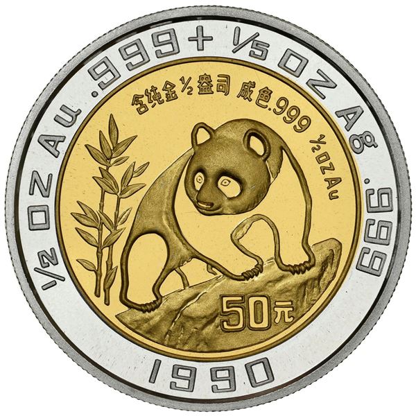 China (People's Republic), bimetallic proof 50 yuan (1/2 oz gold, 1/5 oz silver) Panda, 1990, NGC PF