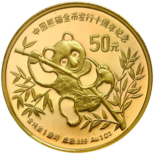 China (People's Republic), gold proof piefort 50 yuan (1 oz) Panda, 1991, 10th Anniversary of the Is