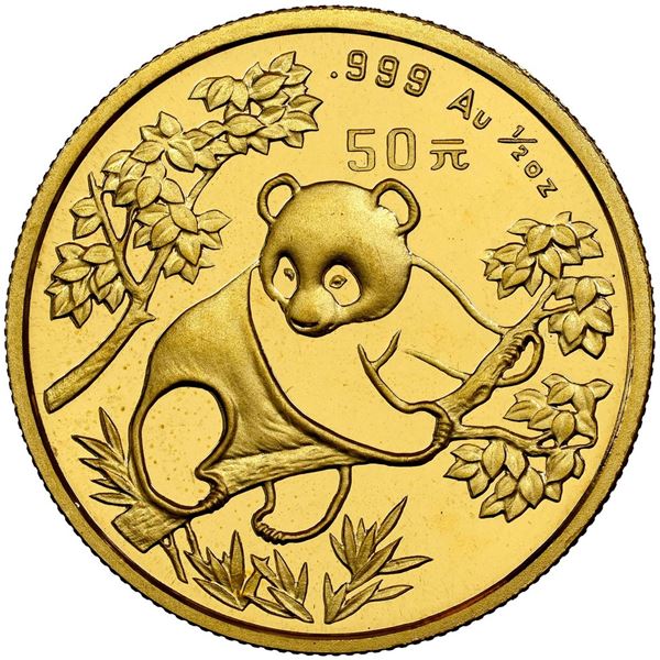 China (People's Republic), gold 50 yuan (1/2 oz) Panda, 1992, small date (Shenyang mint), NGC MS 68.