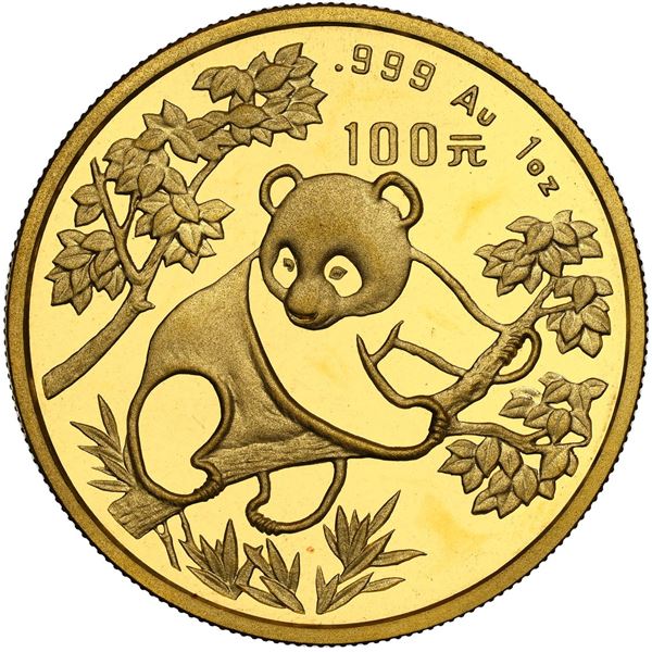 China (People's Republic), gold 100 yuan (1 oz) Panda, 1992, small date (Shenyang mint), NGC MS 69.