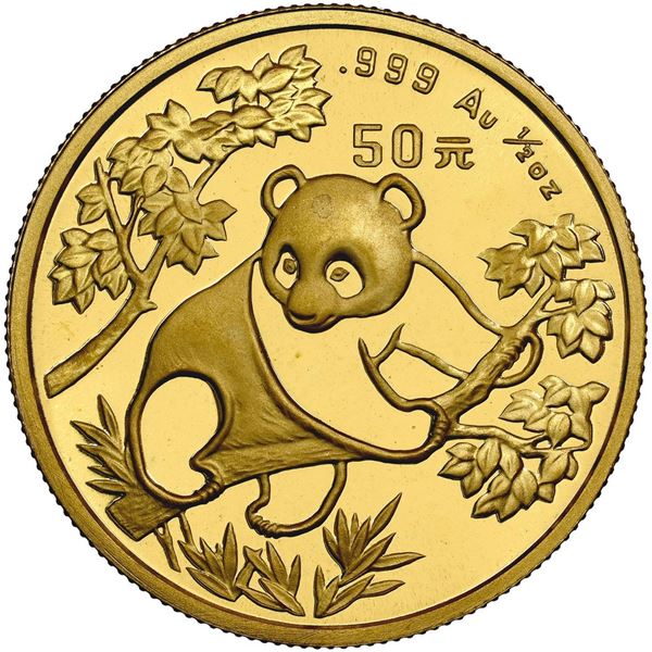 China (People's Republic), gold 50 yuan (1/2 oz) Panda, 1992, large date (Shanghai mint), NGC MS 69.