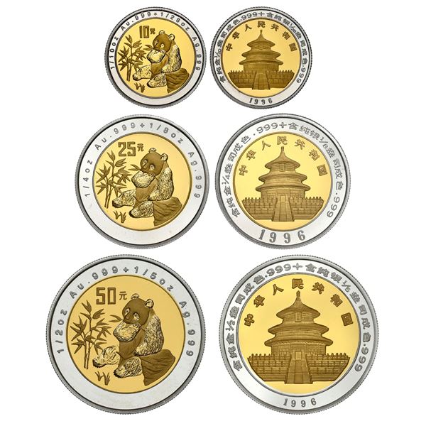 China (People's Republic), bimetallic proof three-coin Panda denomination set (10, 25, and 50 yuan),