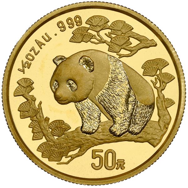 China (People's Republic), gold 50 yuan (1/2 oz) Panda, 1997, large date (Shenyang mint), NGC MS 69.