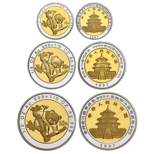 China (People's Republic), bimetallic proof three-coin Panda denomination set (10, 25, and 50 yuan),