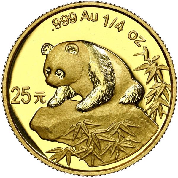 China (People's Republic), gold 25 yuan (1/4 oz) Panda, 1999, small date (Shanghai mint), NGC MS 70