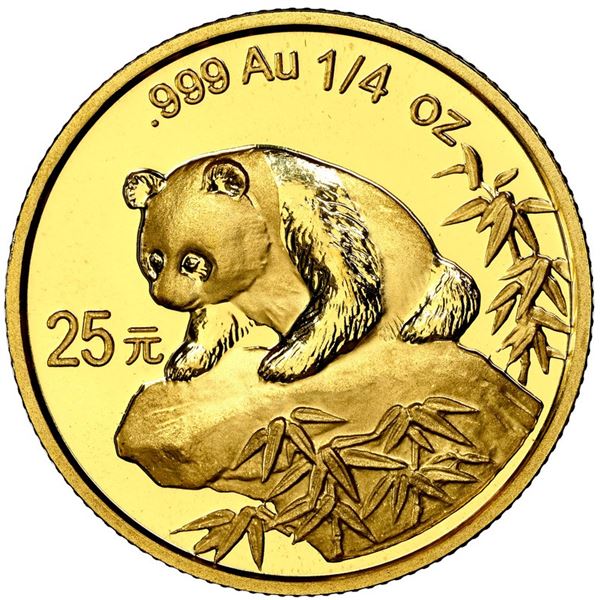 China (People's Republic), gold 25 yuan (1/4 oz) Panda, 1999, large date plain 1 (Shenyang mint), NG