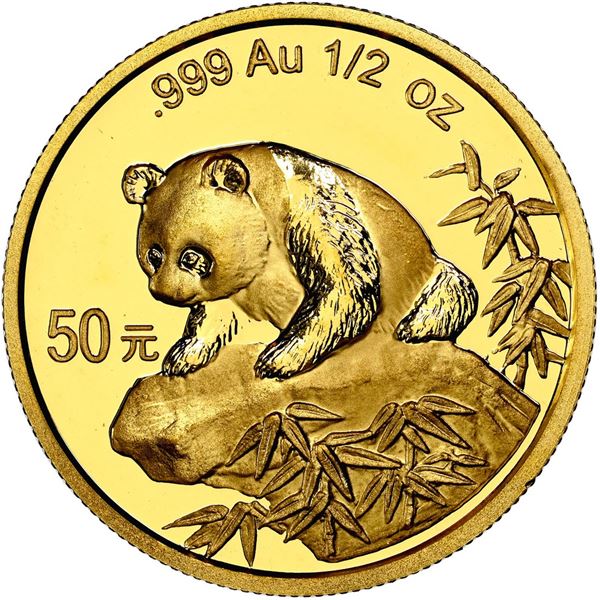 China (People's Republic), gold 50 yuan (1/2 oz) Panda, 1999, large date plain 1 (Shenyang mint), NG