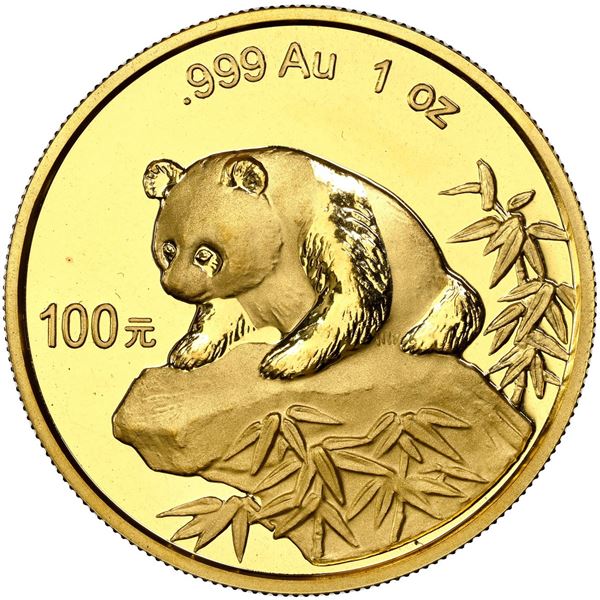 China (People's Republic), gold 100 yuan (1 oz) Panda, 1999, large date plain 1 (Shenyang mint), NGC