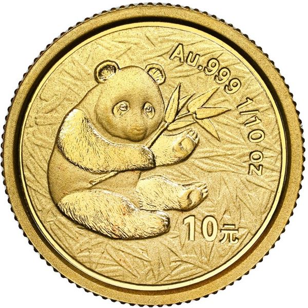 China (People's Republic), gold 10 yuan (1/10 oz) Panda, 2000, mirrored ring (Shanghai mint), NGC MS