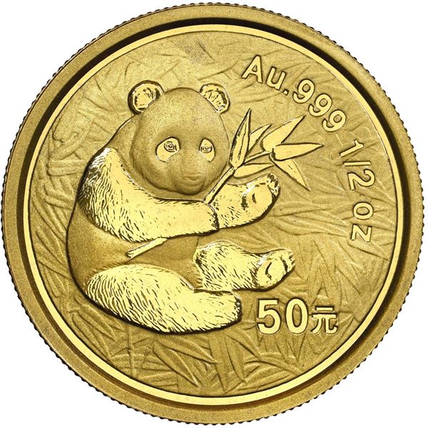 China (People's Republic), gold 50 yuan (1/2 oz) Panda, 2000, mirrored ring (Shanghai mint), NGC MS 