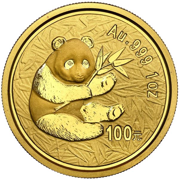 China (People's Republic), gold 100 yuan (1 oz) Panda, 2000, frosted ring (Shenyang mint), NGC MS 68