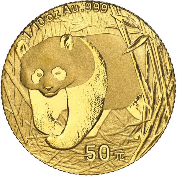China (People's Republic), gold 50 yuan (1/10 oz) Panda, 2002, frosted bamboo (Shenzen Guobao mint),