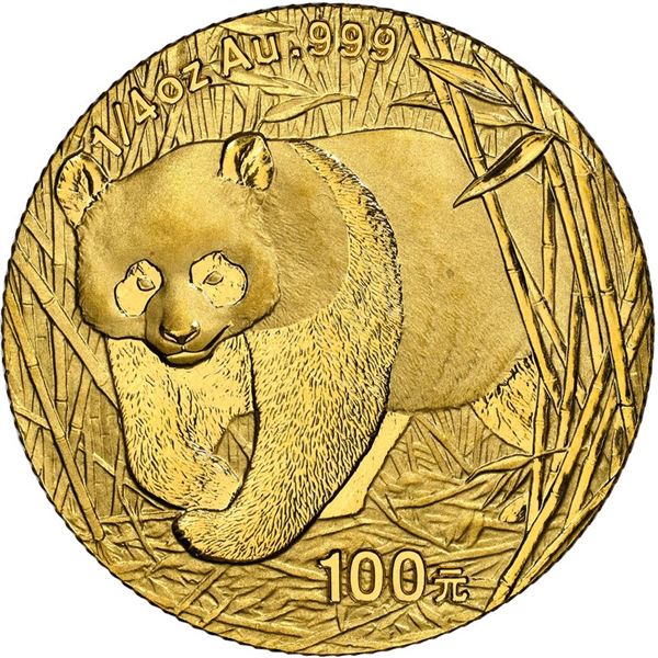 China (People's Republic), gold 100 yuan (1/4 oz) Panda, 2002, frosted bamboo (Shenzen Guobao mint),