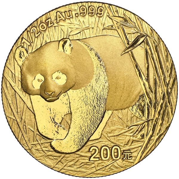 China (People's Republic), gold 200 yuan (1/2 oz) Panda, 2002, frosted bamboo (Shenzen Guobao mint),